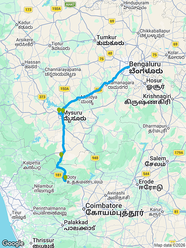 Ooty to Bangalore EV Route