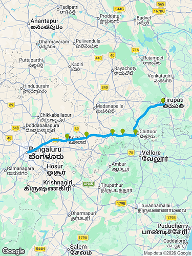 Bangalore to Tirupati EV Route Map